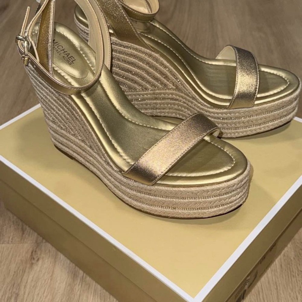 Michael Kors Metallic Leighton Metallic Leather Wedge Sandal